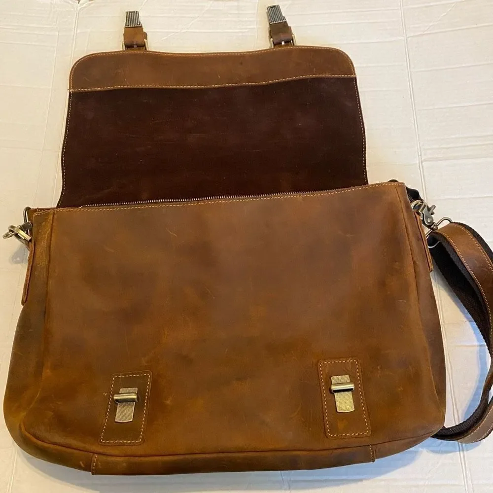 KATTEE Brown‎ Leather Messenger Shoulder Bag Distressed 14.5X3.5X10